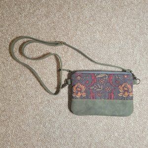 Better Life Bags Kristyn crossbody bag, olive leather & canvas print fabric, new